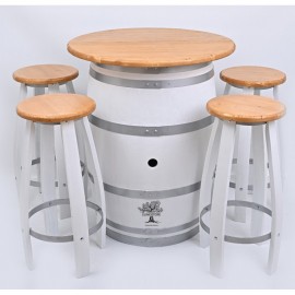Wine barrel table with a shelf of 80 cm diameter   plus N° 4 stools with barrel staves